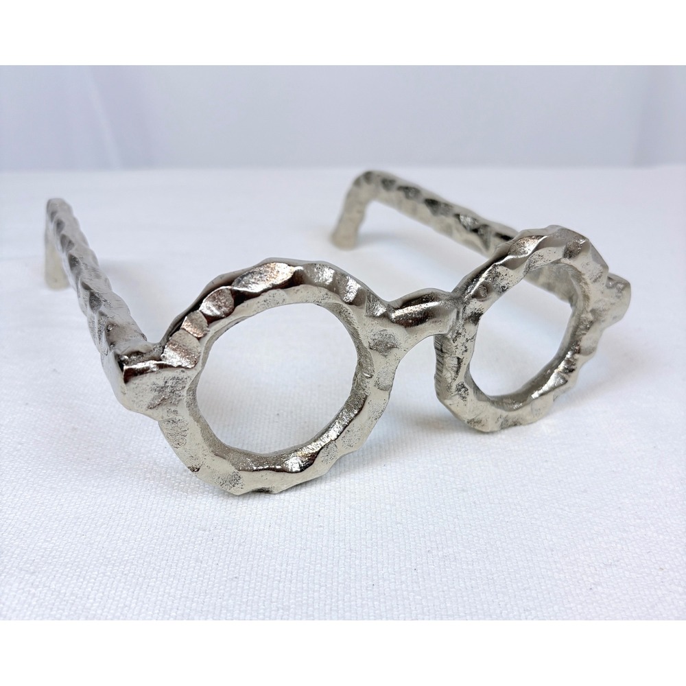 Retro Hammered Aluminum Round Eyeglasses Sculpture Silver Decorative Art Object